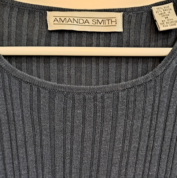 Amanda Smith Navy Blue Ribbed Short Sleeve 75% Silk Scoop Neck Blouse Size M - Picture 4 of 6